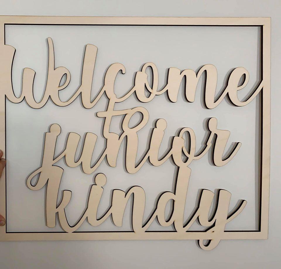 Welcome to Junior Kindy room name - rectangle design - Tiny Memories Laser