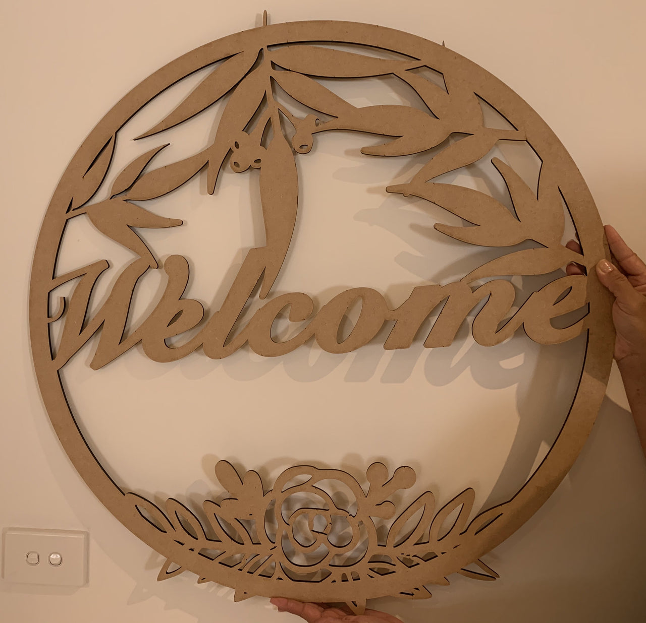 Welcome sign - eucalyptus gum nuts and leaves - circle design - Tiny Memories Laser
