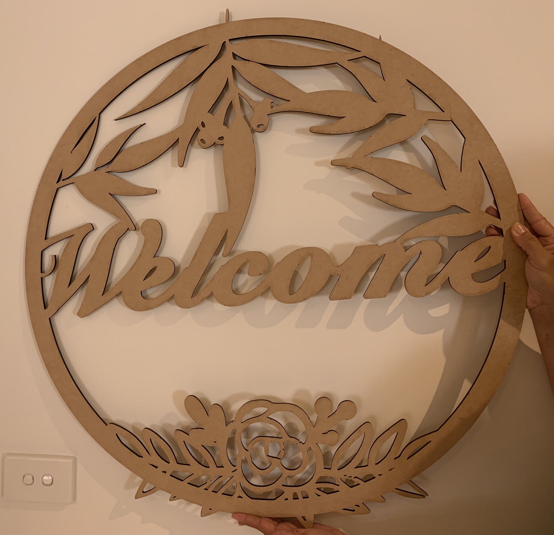 Welcome sign - eucalyptus gum nuts and leaves - circle design - Tiny Memories Laser