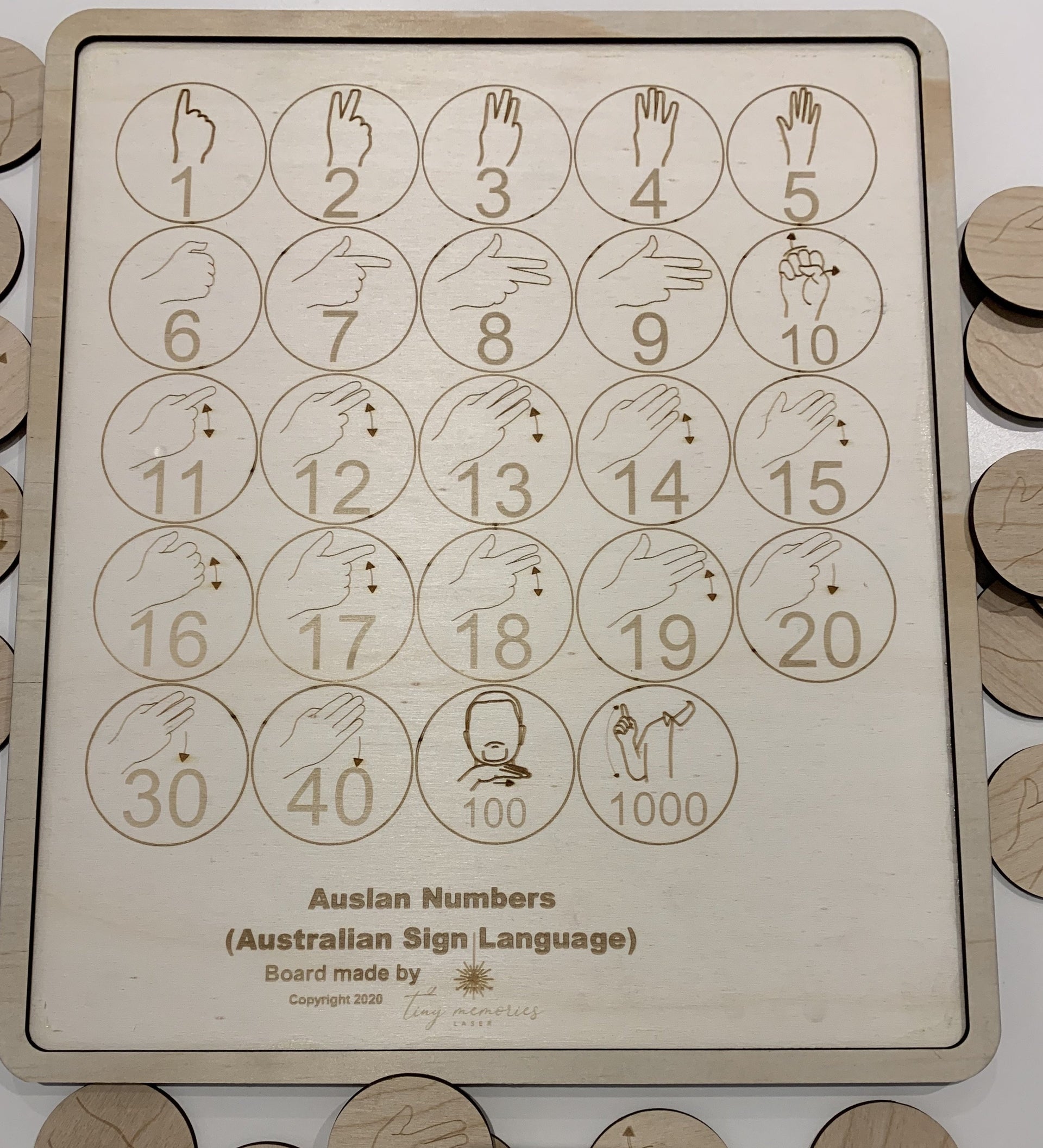 Auslan (Australian Sign Language) numbers 1-1000 board set - Tiny Memories Laser