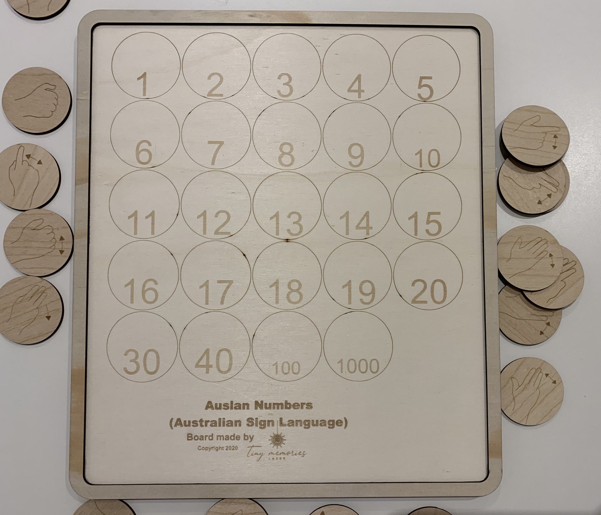 Auslan (Australian Sign Language) numbers 1-1000 board set - Tiny Memories Laser